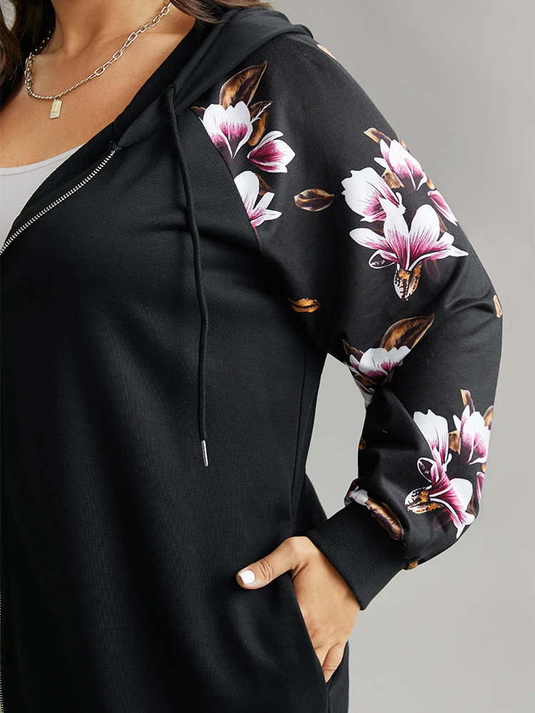 Floral Zipper Hooded Patchwork Raglan Sleeve Sweatshirt 9 Floral Zipper Hooded Patchwork Raglan Sleeve Sweatshirt - Image 7