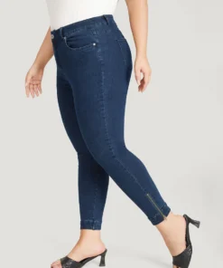 Solid Very Stretchy Dark Wash Zipper Side Jeans -Clothing Shop 77033916 ds