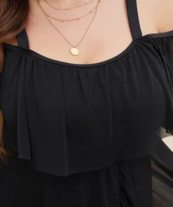 Plain Mesh Ruffle Trim Cold Shoulder Swim Dress -Clothing Shop 77036017 tq