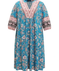 Floral Print Notched Lantern Sleeve Contrast Dress -Clothing Shop 771206548 ri