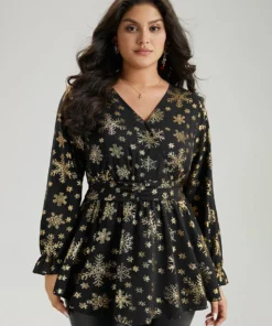 Glitter Snowflake Elastic Waist Ruched Wrap Blouse 16 Glitter Snowflake Elastic Waist Ruched Wrap Blouse -Clothing Shop 771231973 qj