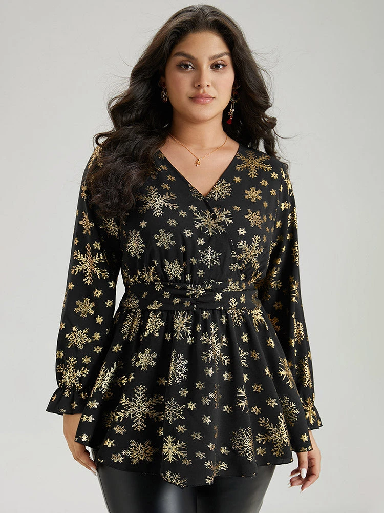 Glitter Snowflake Elastic Waist Ruched Wrap Blouse 7 Glitter Snowflake Elastic Waist Ruched Wrap Blouse - Image 5