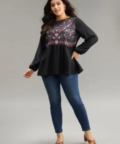 Boho Print Patchwork Lantern Sleeve Gathered Blouse -Clothing Shop 77142908 lr