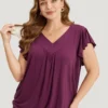 Plain Gathered V Neck Ruffle Sleeve T-shirt -Clothing Shop 771937931 nv