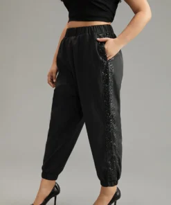Solid Sequin Patchwork Pocket Pants