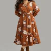 Floral Print Notched Shirred Elastic Cuffs Dress