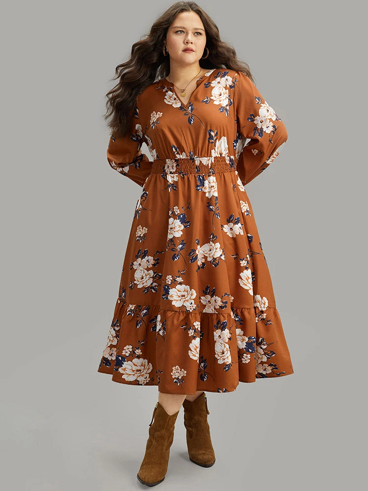 Floral Print Notched Shirred Elastic Cuffs Dress 3 Floral Print Notched Shirred Elastic Cuffs Dress