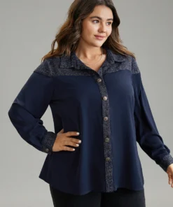 Shirt Collar Patchwork Textured Buckle Up Blouse -Clothing Shop 773558009 uw