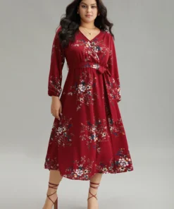 Floral Print Belted Split Surplice Neck Dress -Clothing Shop 773703721 nt
