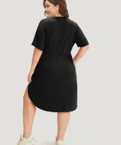 Supersoft Essentials Plain Pocket Curved Hem Drawstring V Neck Dress -Clothing Shop 774066715 rd 3484f135 40ec 44c9 96fd d3aec363d691