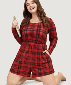 Plaid Round Neck Pocket Elastic Waist Sleep Romper -Clothing Shop 774214758 ik