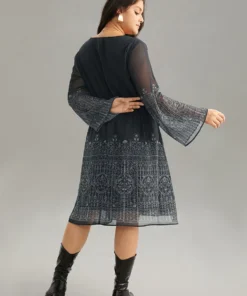 Boho Print Button Detail Bell Sleeve Dress -Clothing Shop 774459653 zo