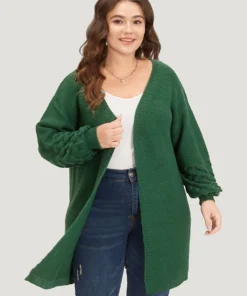 Plain Geo Eyelet Lantern Sleeve Cardigan -Clothing Shop 77532586 mg