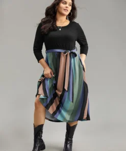 Striped Contrast Patchwork Belted Dress -Clothing Shop 775347186 ve