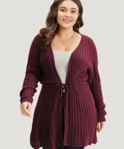 Rib Knit Drawstring Split Side Tunic Cardigan -Clothing Shop 775502462 fa