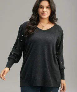 Supersoft Essentials Solid Pearl Beaded Elastic Cuffs Pullover -Clothing Shop 775871942 js