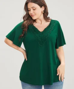 Solid Ruffle Sleeve Lace V Neck T-shirt -Clothing Shop 776119850 yq ad17902b edc2 4ac0 8579 b44dbffabf40