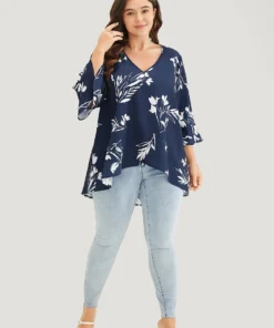 Floral Asymmetrical Hem Ruffle Trim Flounce Sleeve Blouse -Clothing Shop 776483925 ao ddb041b9 ae54 4c94 9074 6ac5fc3a98f4