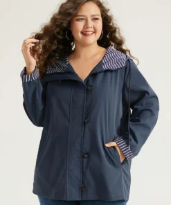 Striped Patchwork Zipper Pocket Drawstring Coat -Clothing Shop 776648418 pg