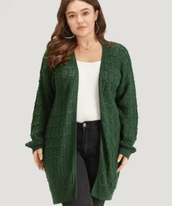 Plain Geometric Eyelet Cable Knit Tunic Cardigan -Clothing Shop 776712664 es