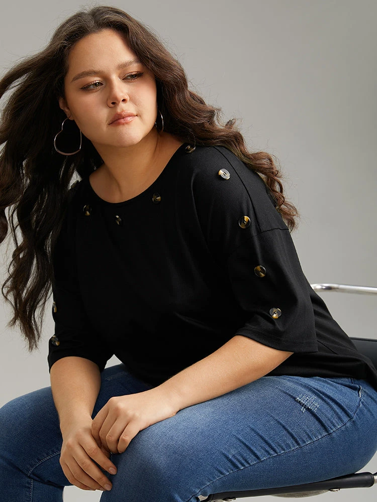 Plain Button Detail Drop Shoulder T-shirt 5 Plain Button Detail Drop Shoulder T-shirt - Image 3