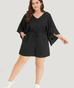 Plain Pocket Flounce Sleeve Elastic Waist Ties Jumpsuit -Clothing Shop 776932589 sc