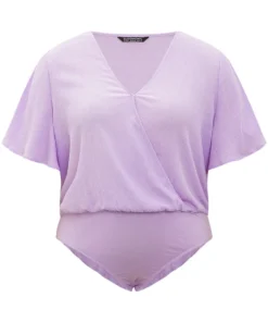 Solid Ruffle Sleeve V Neck Ruched Bodysuit -Clothing Shop 777002650 zj