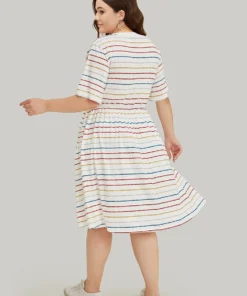 Rainbow Striped V Neck Pocket Contrast Midi Dress -Clothing Shop 777651775 hl