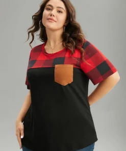 Plaid Contrast Patchwork Pocket Round Neck T-shirt -Clothing Shop 777952373 fy