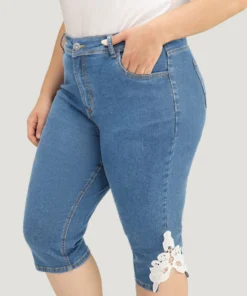 Very Stretchy High Rise Medium Wash Guipure Lace Knee Denim Shorts -Clothing Shop 777978366 yp