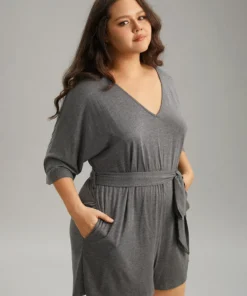 Solid Belted Pocket Sleep Romper