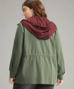 Contrast Hooded Drawstring Flap Pocket Coat -Clothing Shop 778862927 yq