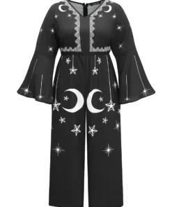 Halloween Moon & Star Elastic Waist Bell Sleeve Jumpsuit -Clothing Shop 778987704 he