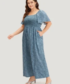 Leopard Print Square Neck Shirred Flutter Sleeve Jumpsuit 11 Leopard Print Square Neck Shirred Flutter Sleeve Jumpsuit -Clothing Shop 779272356 nf