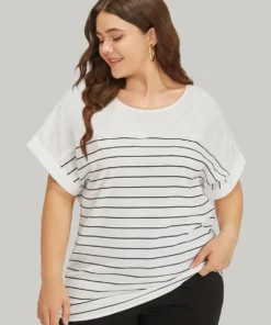 Striped Patchwork Roll Batwing Sleeve Blouse