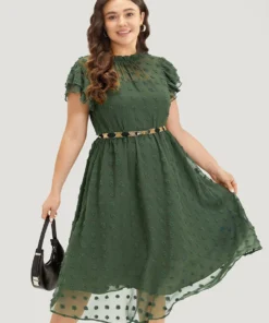 Solid Polka Dot Mesh Frill Trim Flutter Dress