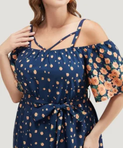 Floral Belted Pocket Ruffles Asymmetrical Cold Shoulder Dress -Clothing Shop 780306926 av