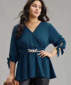 Plain Bowknot Ties Buckle Detail Wrap Blouse -Clothing Shop 780409855 oe