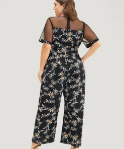 Floral Mesh Patchwork Crew Neck Pocket Belted Jumpsuit -Clothing Shop 780609944 ic