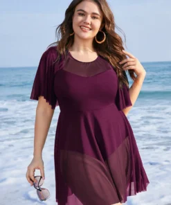 Solid Mesh Patchwork Ruffle Sleeve Swim Dress -Clothing Shop 780717985 cx cc61c04e c5ee 4321 a1e4 313a18f54172