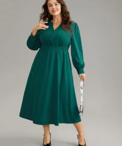 Anti-Wrinkle Shirred Gathered Notched Dress