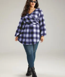 Plaid Curved Hem Lantern Sleeve T-shirt -Clothing Shop 782415258 ei f92ba9e4 a081 40c5 864d 401fbd792b31