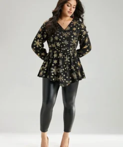 Glitter Snowflake Elastic Waist Ruched Wrap Blouse 15 Glitter Snowflake Elastic Waist Ruched Wrap Blouse -Clothing Shop 782537666 lu