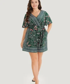 Bandana Print Belted Pocket Surplice Neck Romper -Clothing Shop 784053307 cl