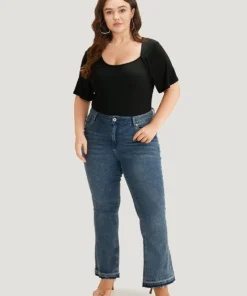 Rib Knit Asymmetrical Neck Short Sleeve Bodysuit -Clothing Shop 785302260 ej