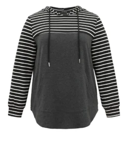 Striped Patchwork Hooded Pocket Drawstring Sweatshirt