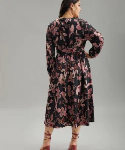 Floral Lantern Sleeve Belted Overlap Collar Dress -Clothing Shop 785927789 ry