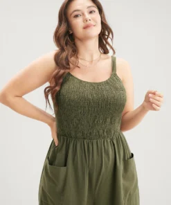 Solid Pocket Shirred Spaghetti Strap Jumpsuit -Clothing Shop 785970973 rs