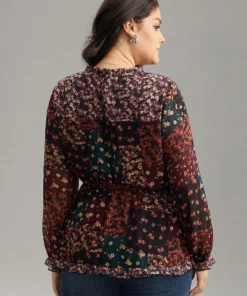 Ditsy Floral Shirred Patchwork Frill Trim Gathered Blouse -Clothing Shop 786317246 dd