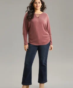 Solid Heather Keyhole Batwing Sleeve T-shirt -Clothing Shop 786326214 nq